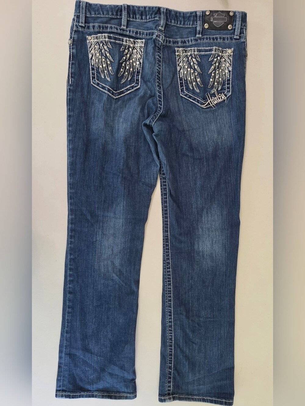 Harley Davidson Angel Wing Embellished Dark Blue Women's Jeans Curvy Boot SZ 16